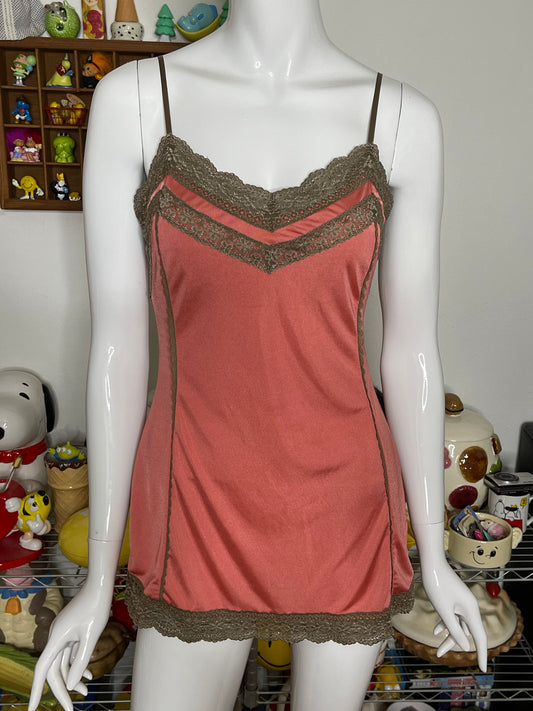 2000s Coral And Brown Lace Slip Cami Top Sz M