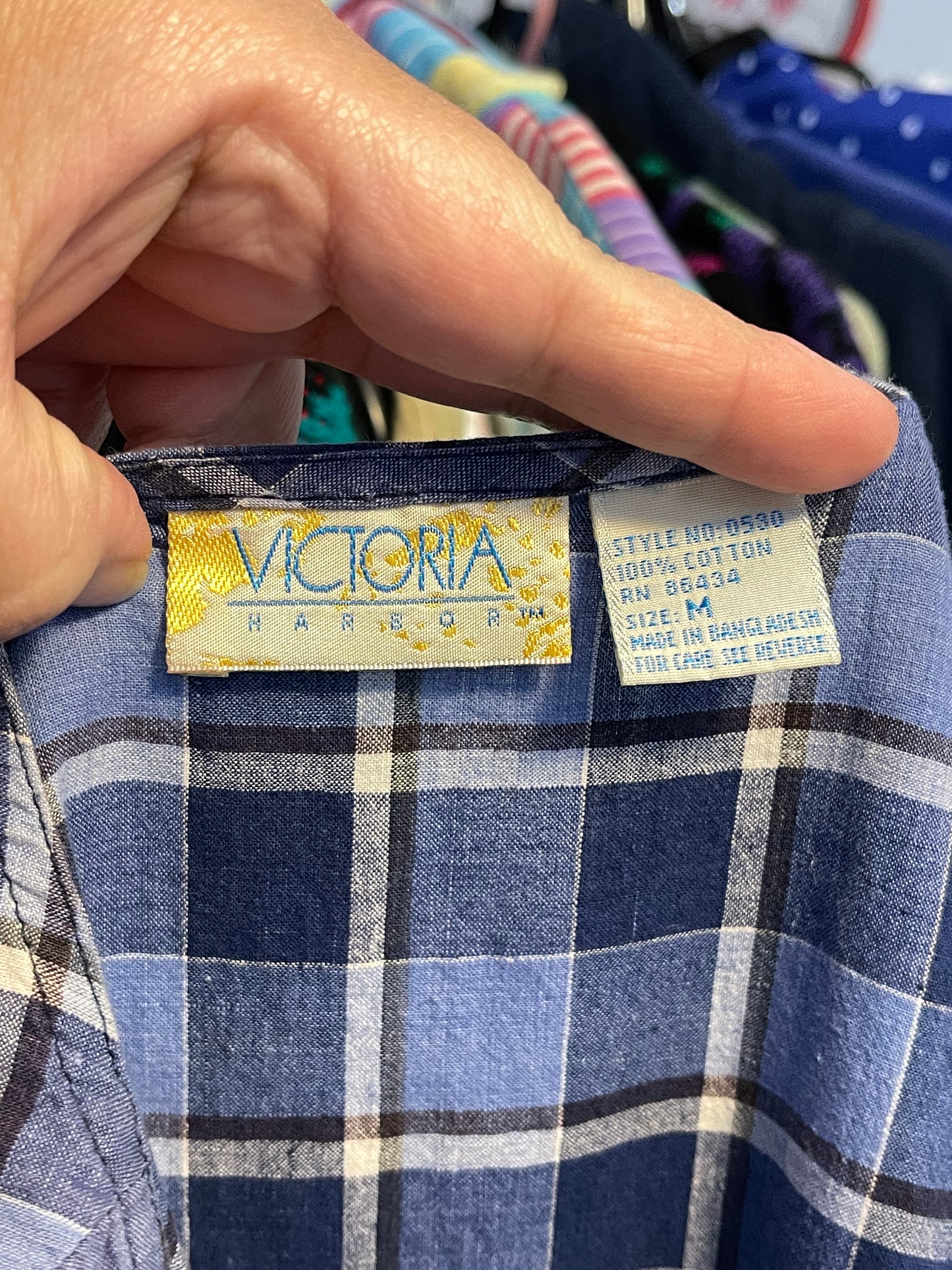 Vintage 90s Blue White Plaid Button Down Midi Dress Sz M