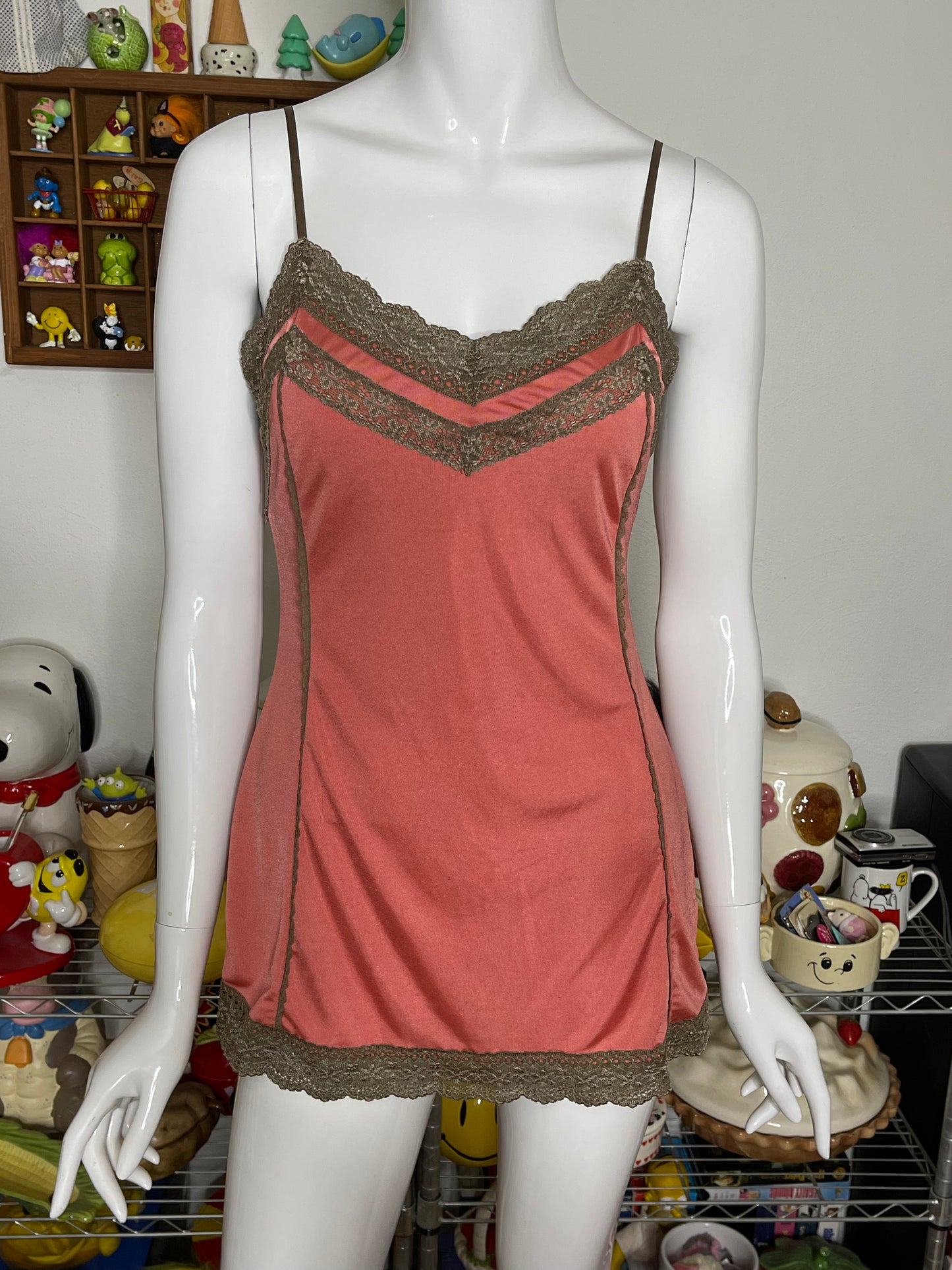 2000s Coral And Brown Lace Slip Cami Top Sz M