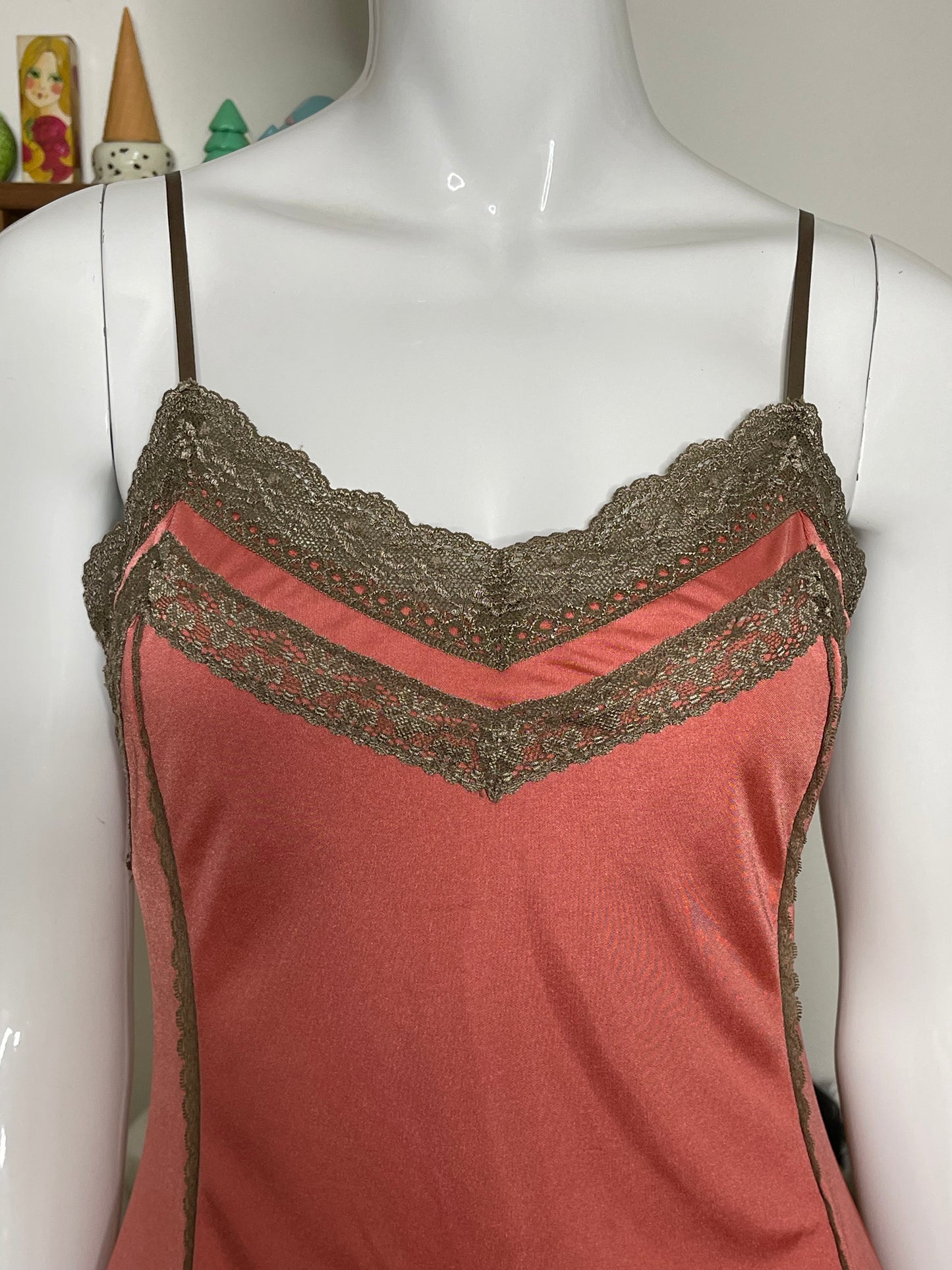2000s Coral And Brown Lace Slip Cami Top Sz M