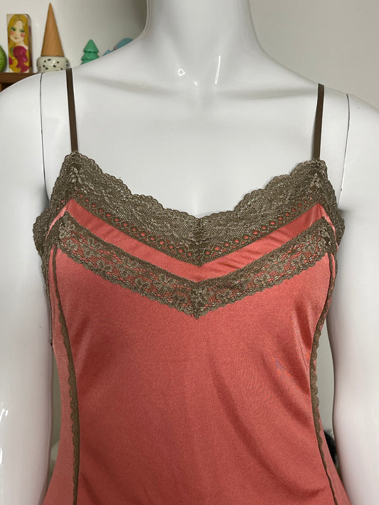 2000s Coral And Brown Lace Slip Cami Top Sz M