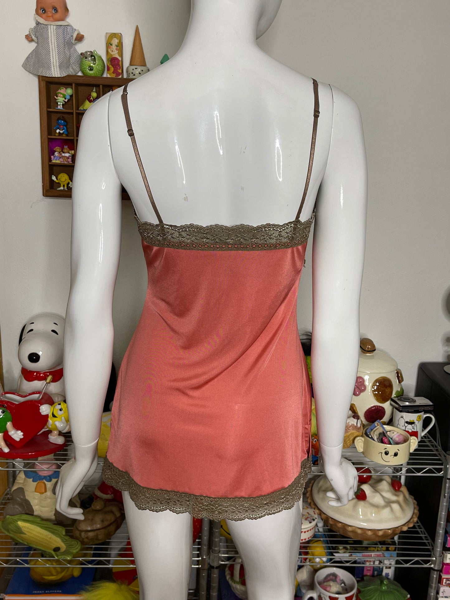 2000s Coral And Brown Lace Slip Cami Top Sz M