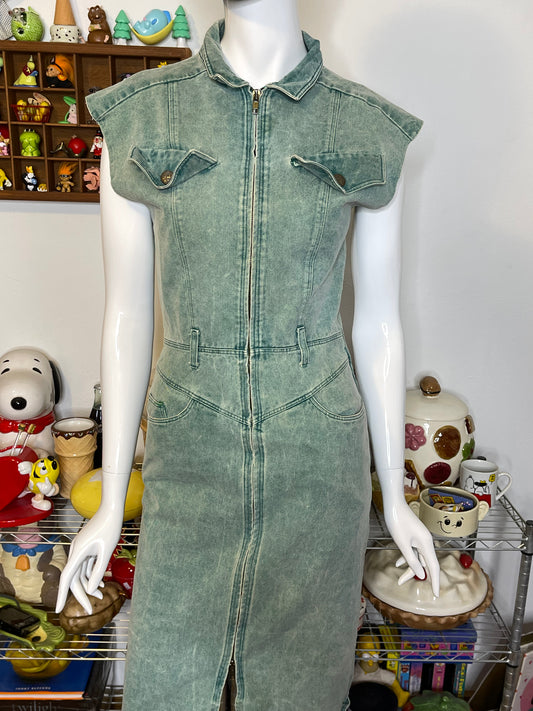 Vintage 80s Faded Green Acid Wash Denim Midi Dress Sz S