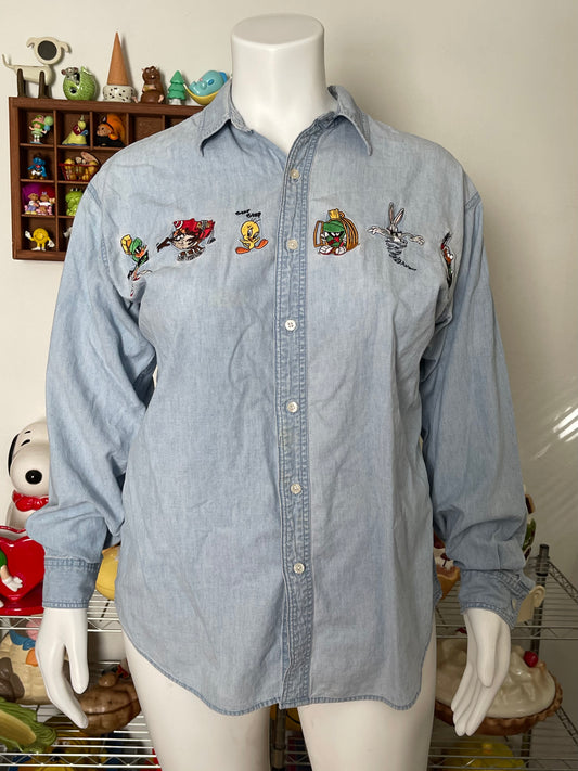 90s Looney Tunes Denim Button Down Long Sleeve sz L