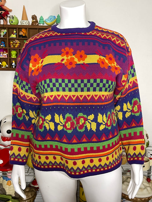 Vintage 90s Colorful Funky Floral Knit Sweater Sz L