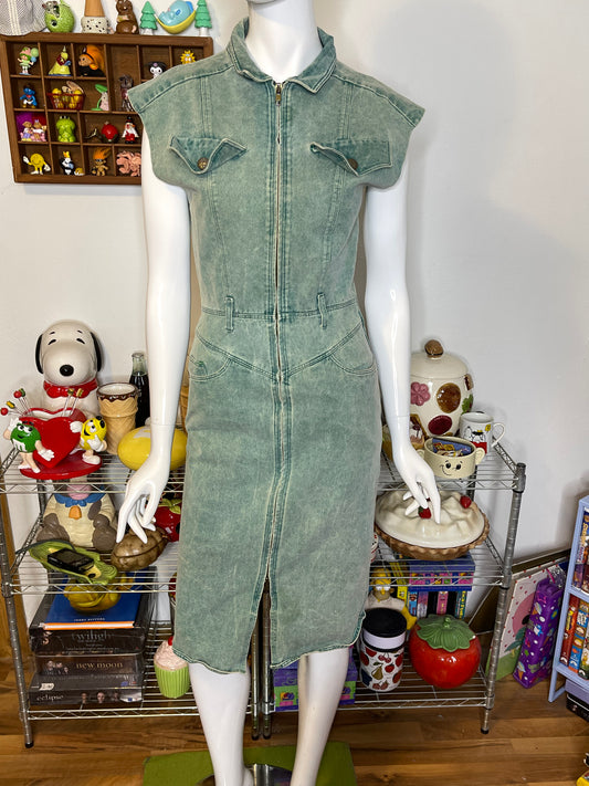 Vintage 80s Faded Green Acid Wash Denim Midi Dress Sz S