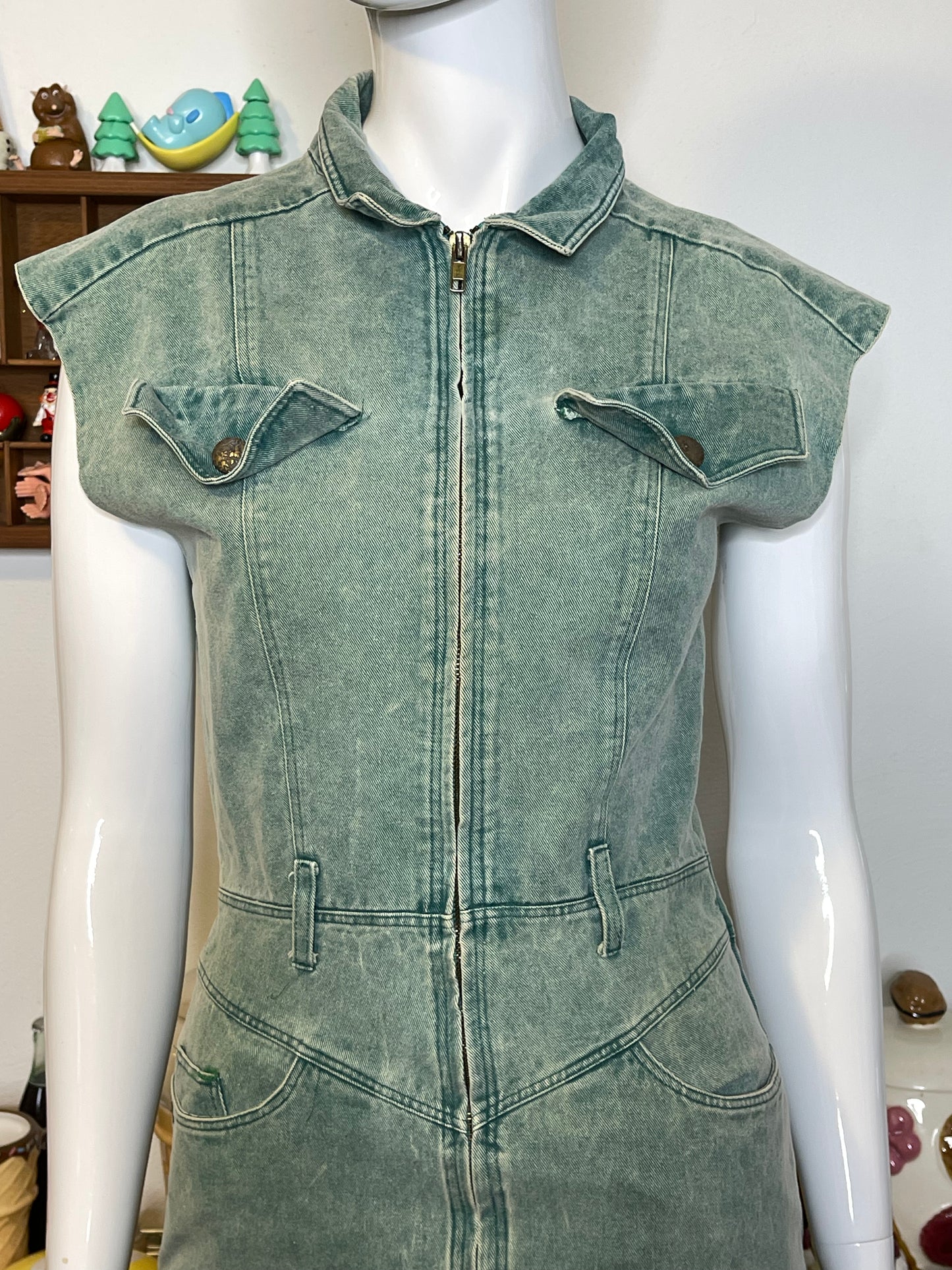 Vintage 80s Faded Green Acid Wash Denim Midi Dress Sz S
