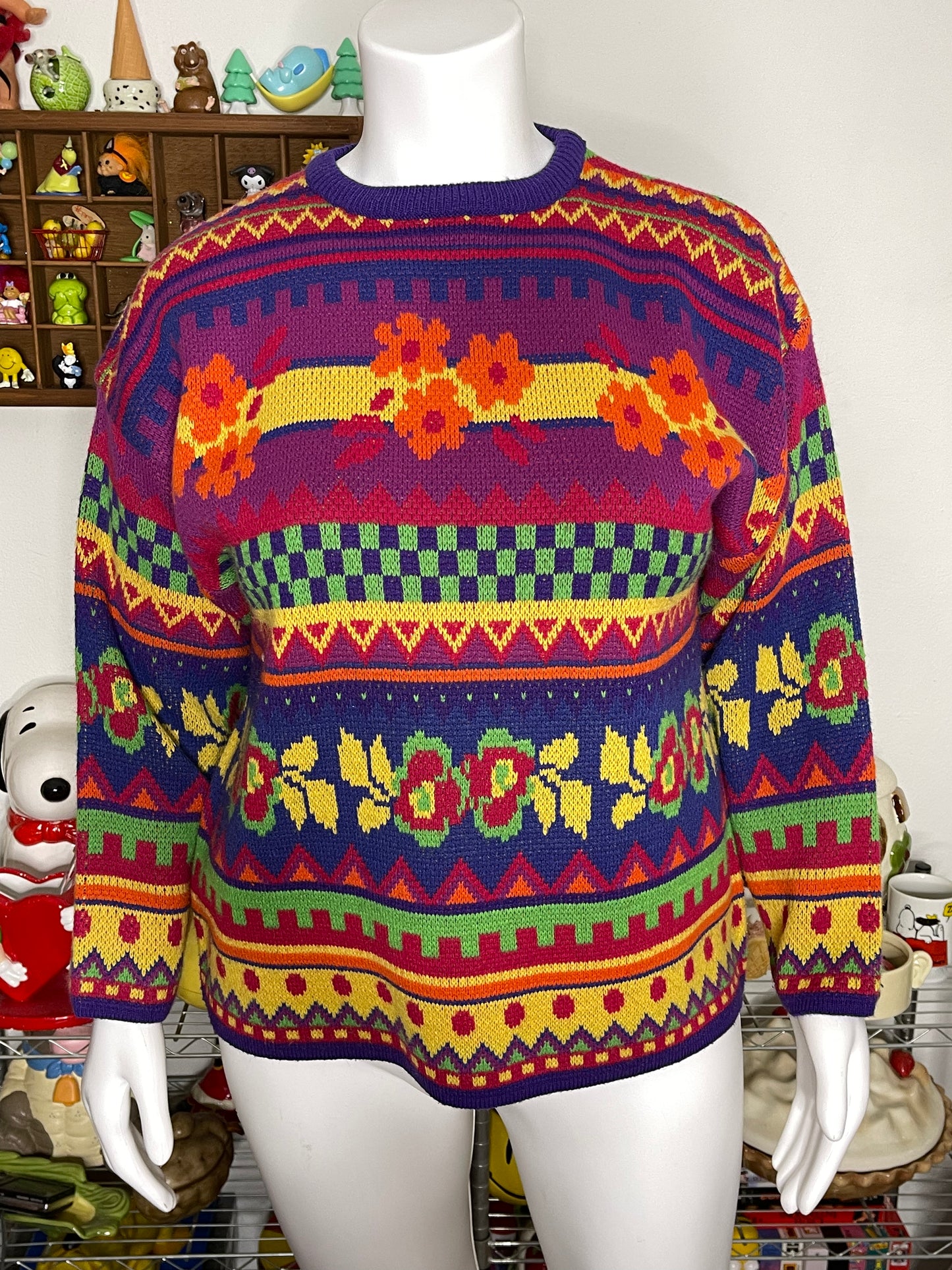 Vintage 90s Colorful Funky Floral Knit Sweater Sz L