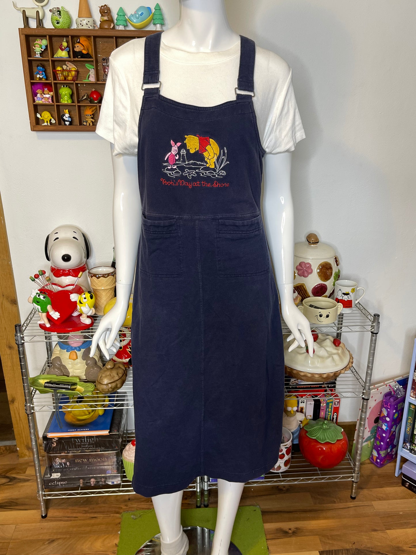 Vintage 90s Pooh & Piglet Embroidered Oversized Overall Dress Sz S