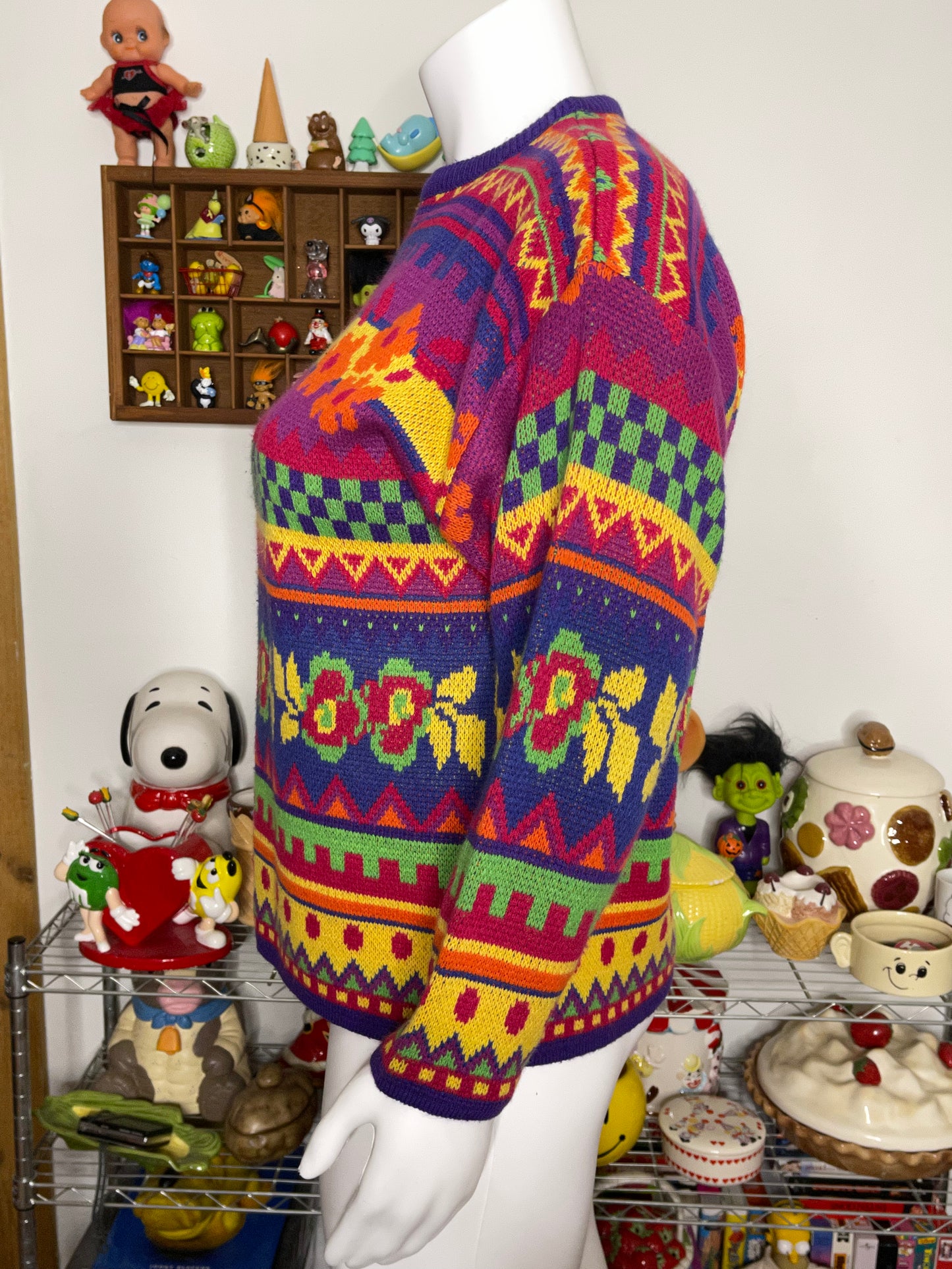Vintage 90s Colorful Funky Floral Knit Sweater Sz L
