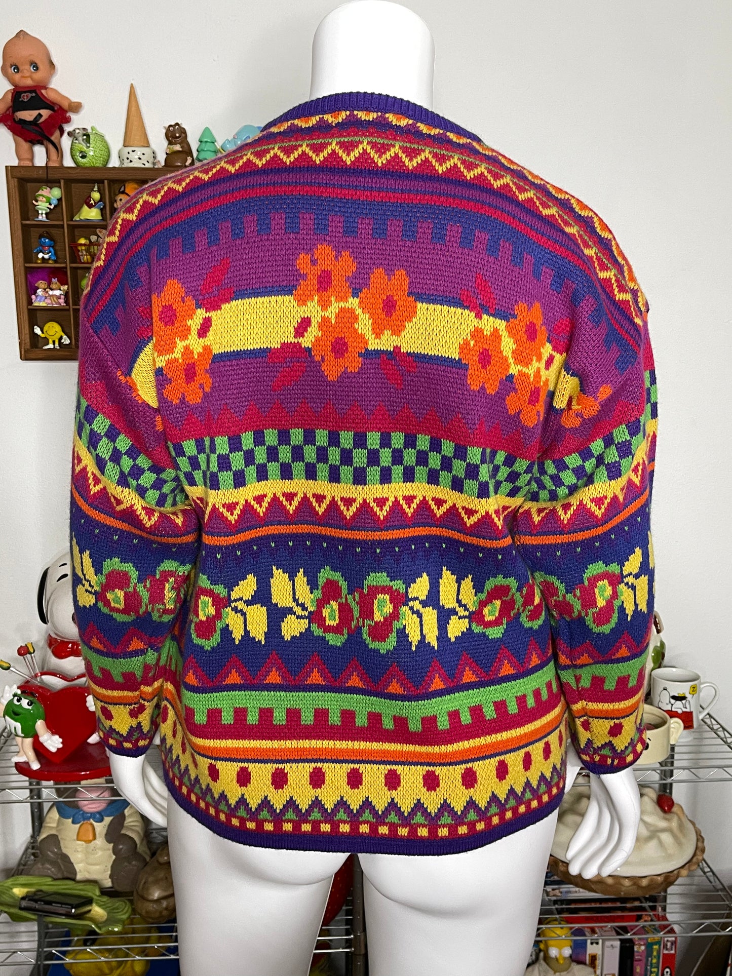 Vintage 90s Colorful Funky Floral Knit Sweater Sz L