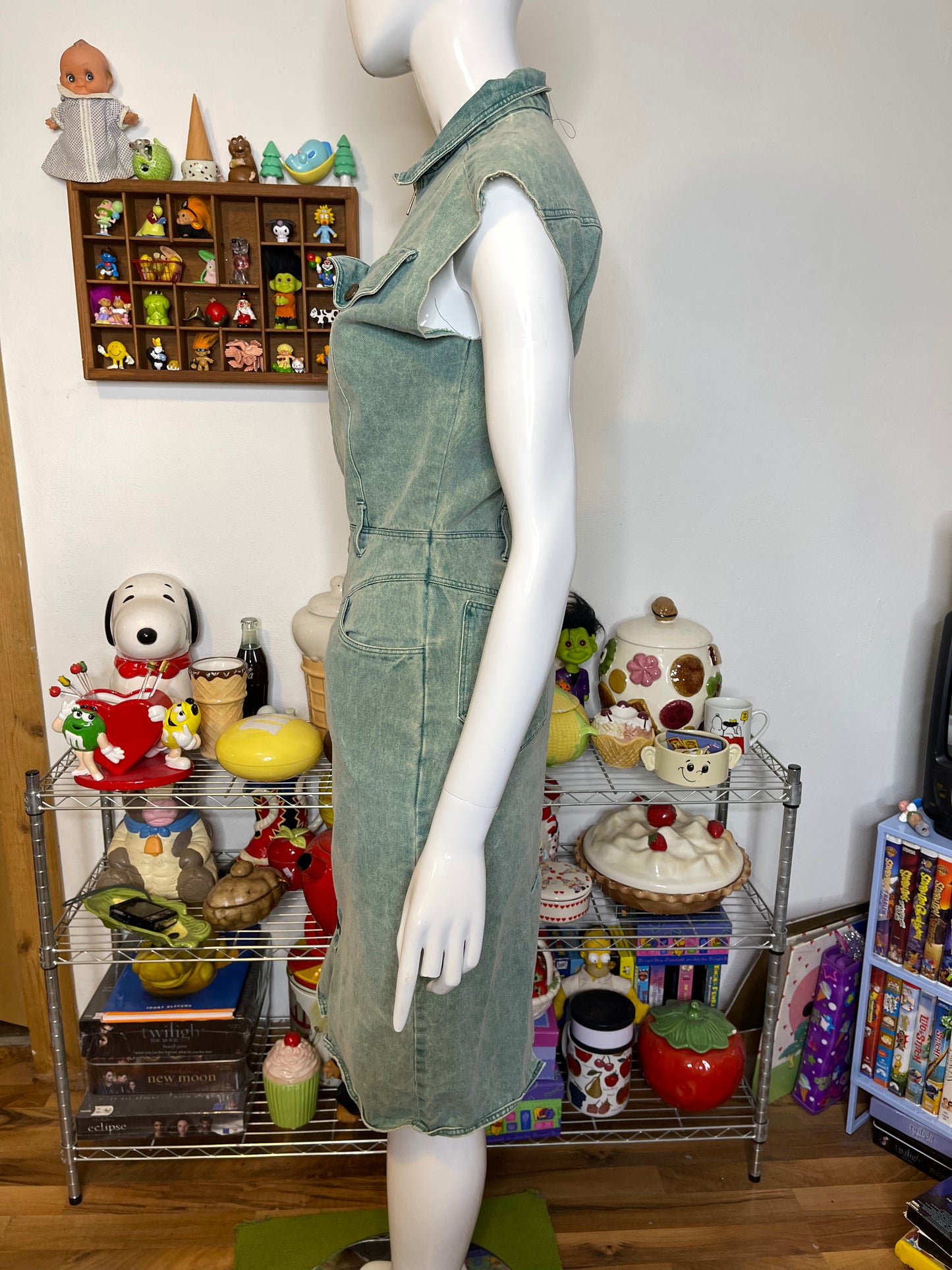Vintage 80s Faded Green Acid Wash Denim Midi Dress Sz S