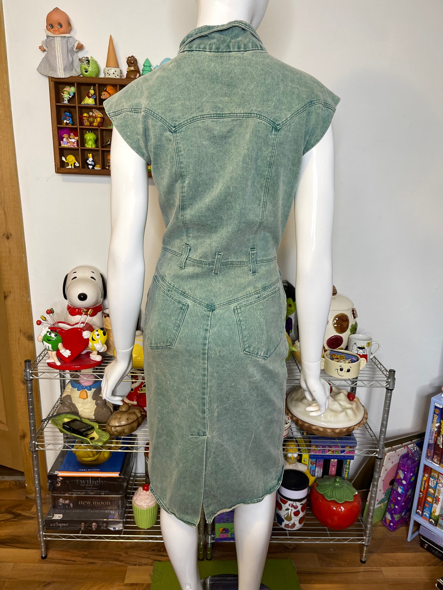 Vintage 80s Faded Green Acid Wash Denim Midi Dress Sz S