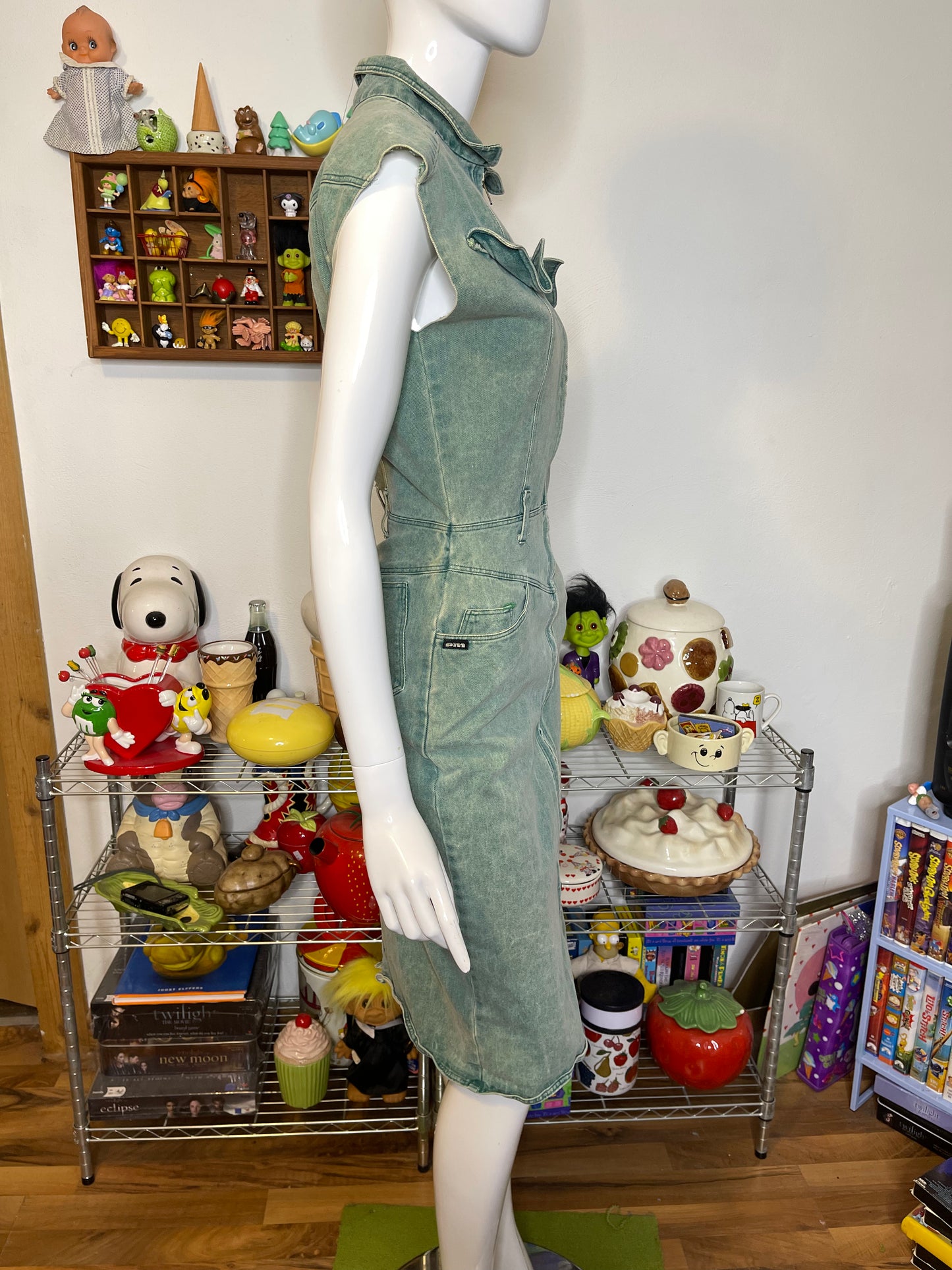 Vintage 80s Faded Green Acid Wash Denim Midi Dress Sz S
