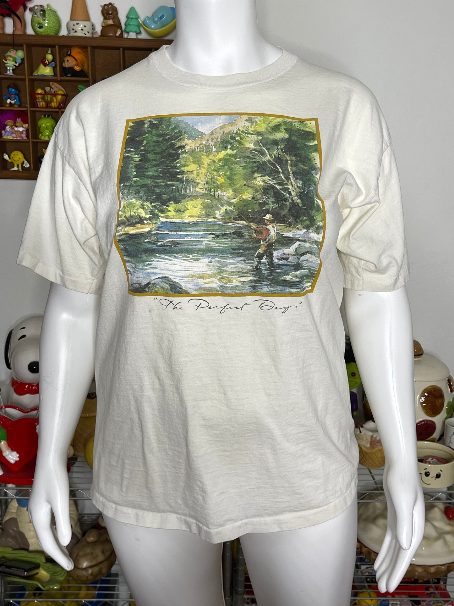 Vintage 90s " The Perfect Day" Fishing Art Graphic Tee Sz XL