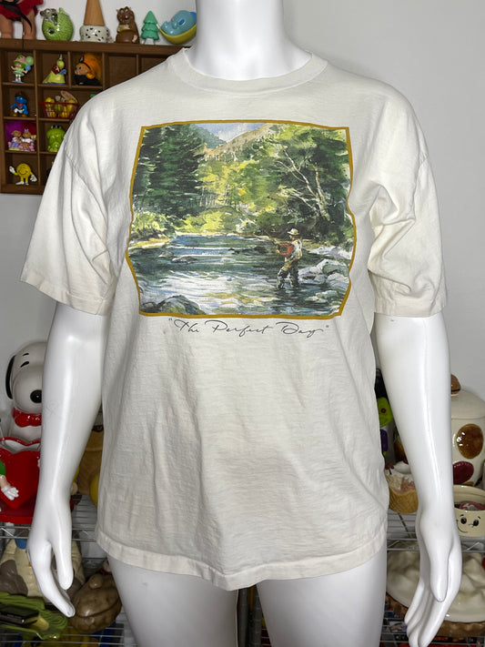 Vintage 90s " The Perfect Day" Fishing Art Graphic Tee Sz XL