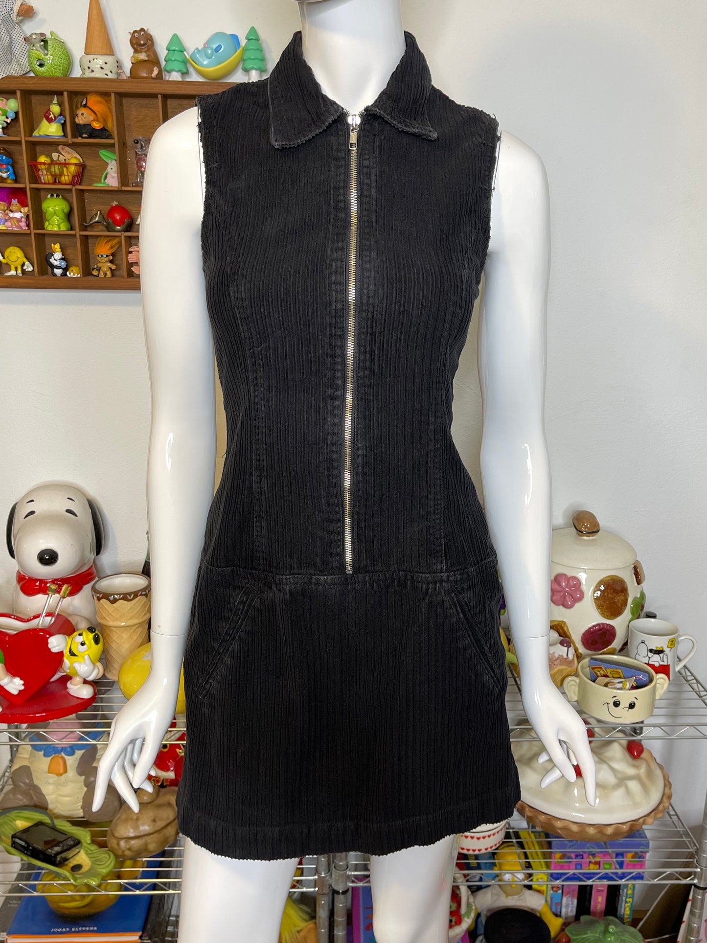 Vintage 90s Black Chunky Corduroy Collared Mini Dress Sz S