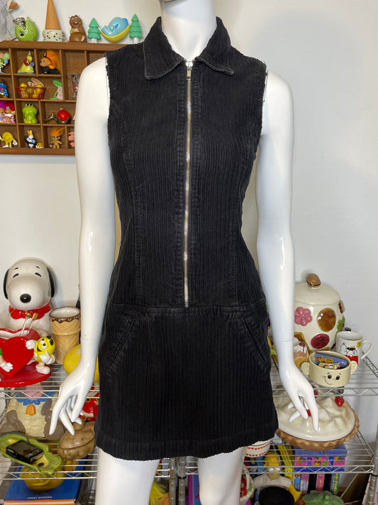 Vintage 90s Black Chunky Corduroy Collared Mini Dress Sz S