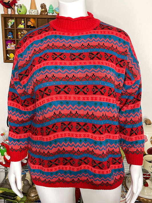 Vintage Colorful Retro Oversized  Mock Neck Knit Sweater Sz "One Size"