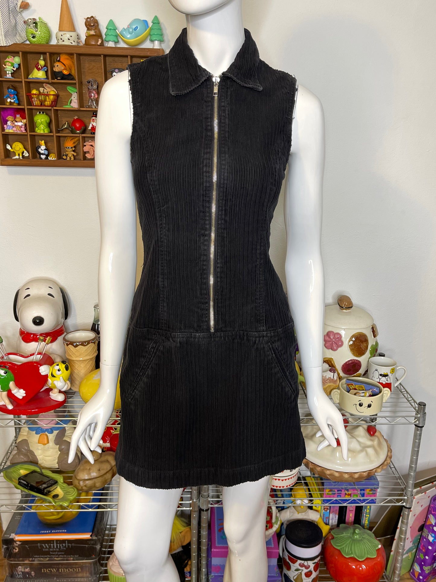 Vintage 90s Black Chunky Corduroy Collared Mini Dress Sz S