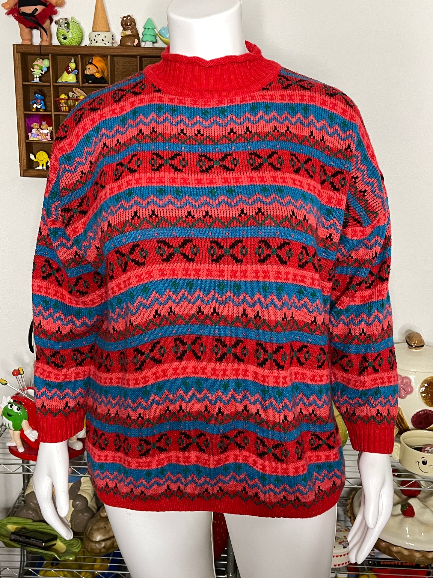 Vintage Colorful Retro Oversized  Mock Neck Knit Sweater Sz "One Size"