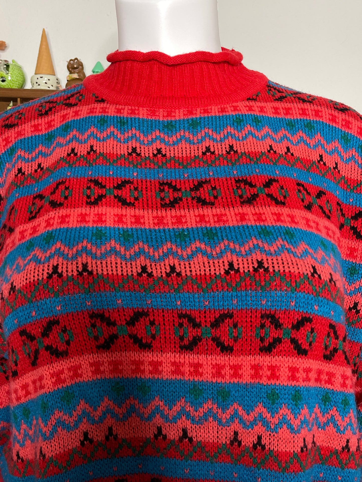 Vintage Colorful Retro Oversized  Mock Neck Knit Sweater Sz "One Size"