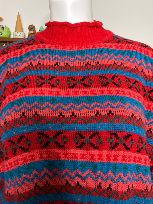 Vintage Colorful Retro Oversized  Mock Neck Knit Sweater Sz "One Size"