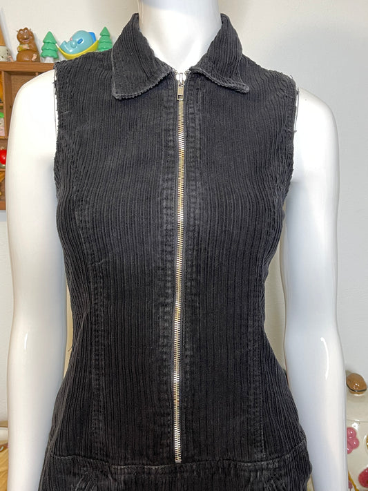 Vintage 90s Black Chunky Corduroy Collared Mini Dress Sz S