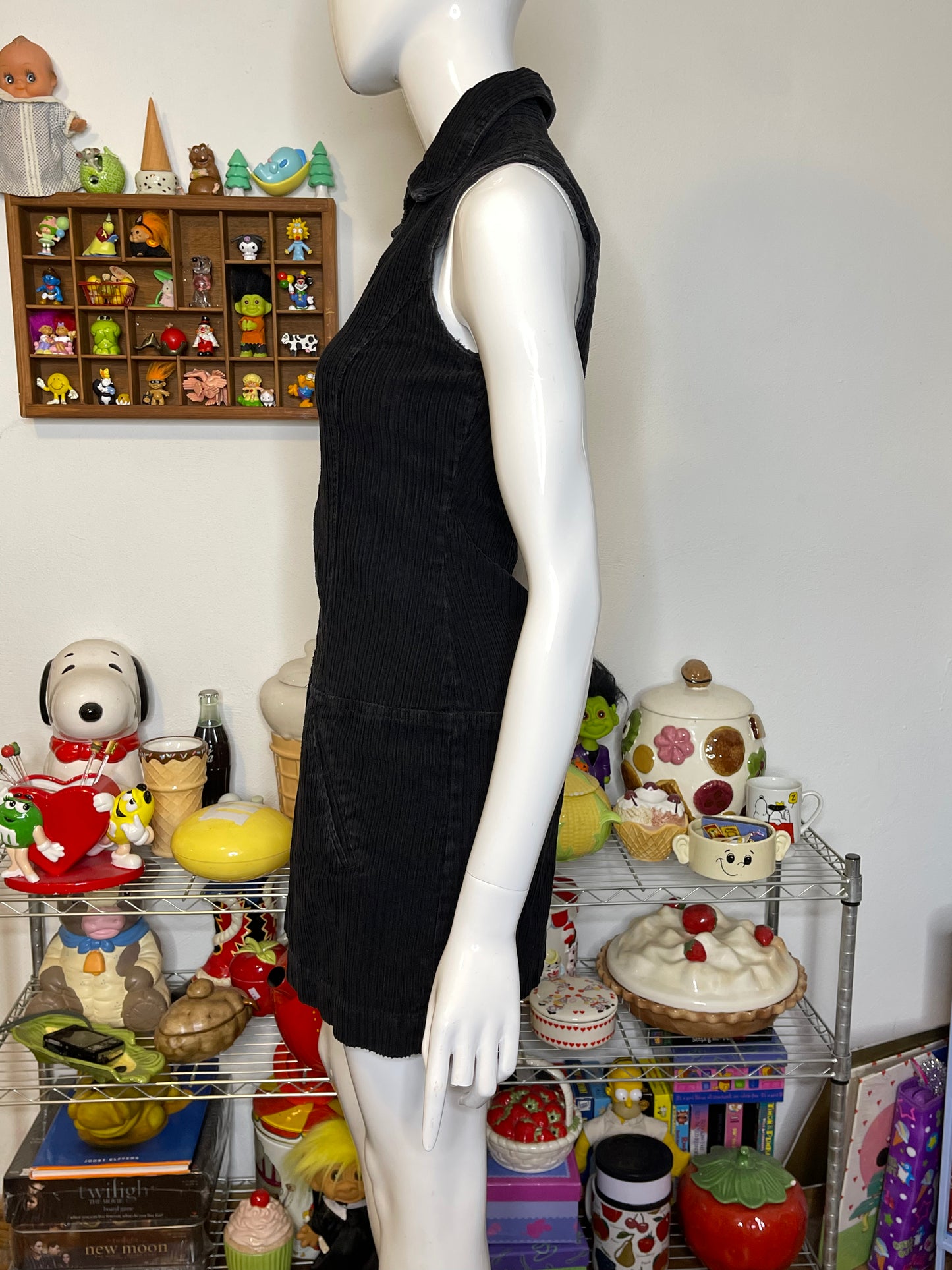 Vintage 90s Black Chunky Corduroy Collared Mini Dress Sz S