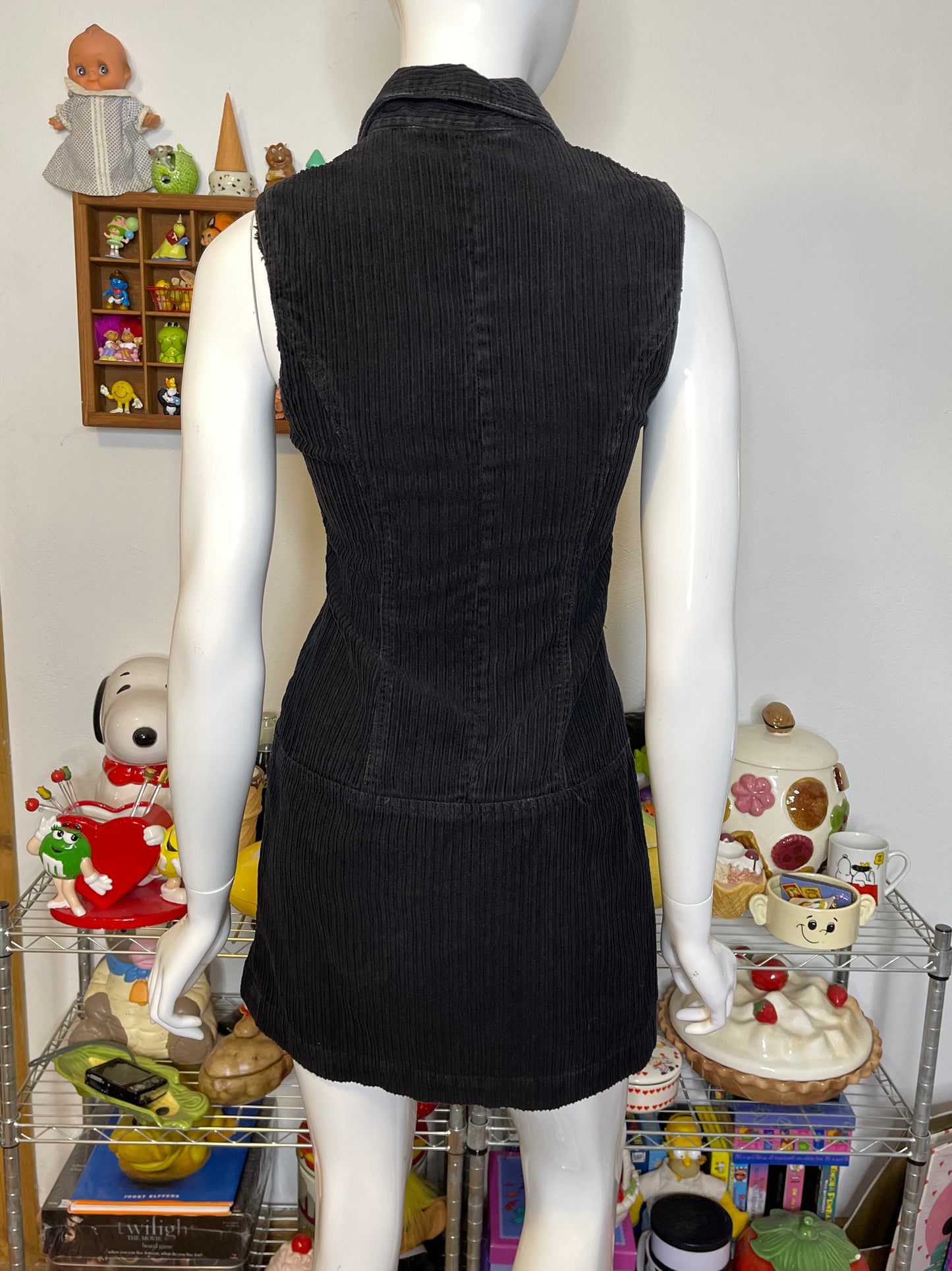 Vintage 90s Black Chunky Corduroy Collared Mini Dress Sz S
