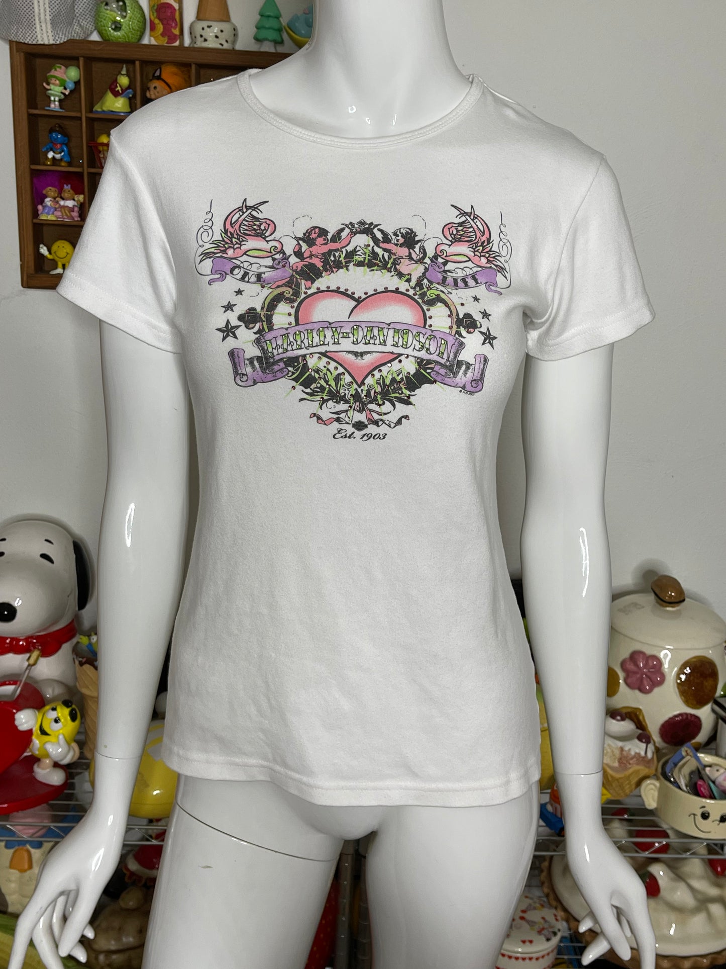 2000s Harley Davidson Cherub Heart Fitted Tee Sz M