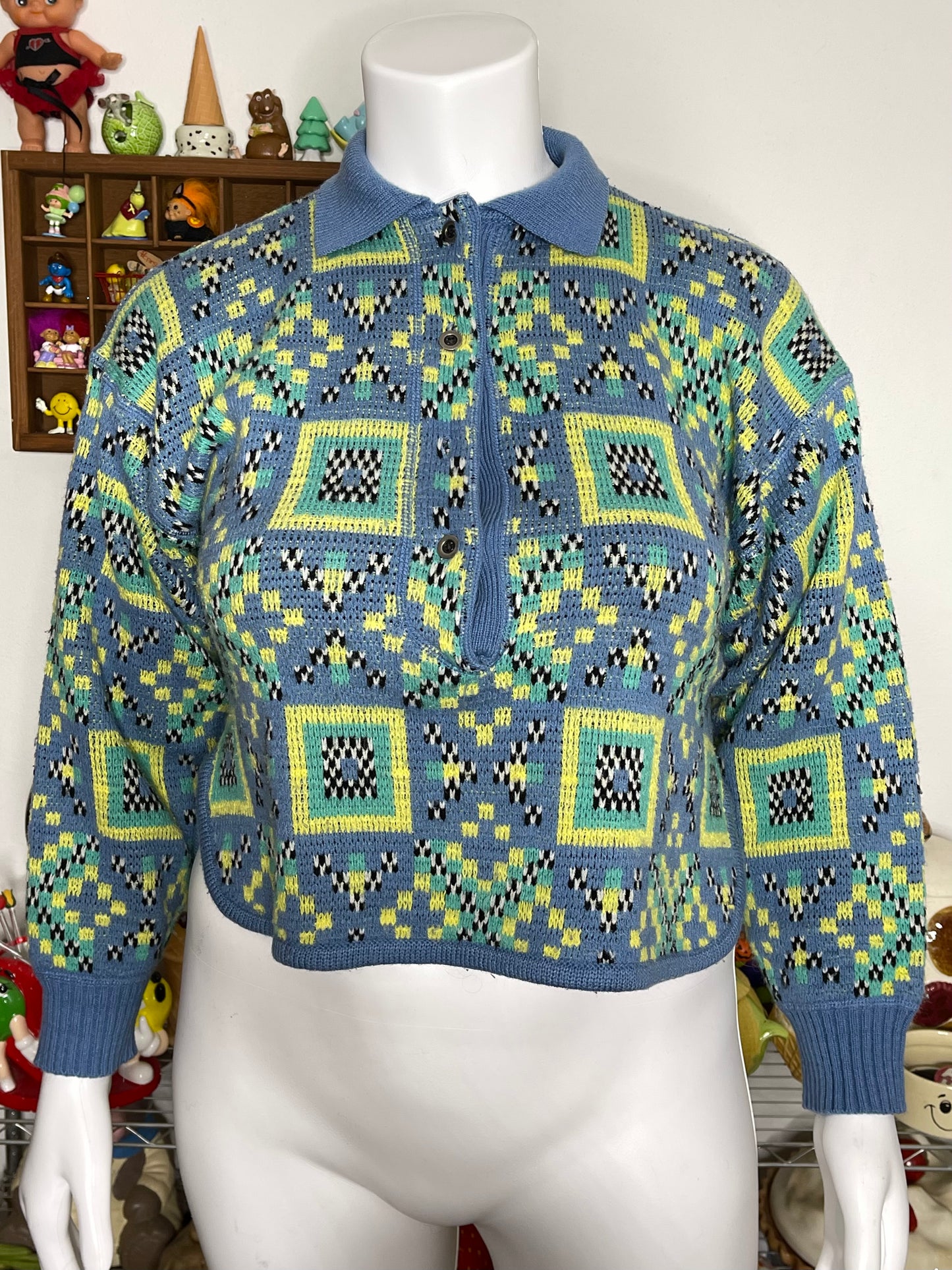 Vintage 90s Colorful Checkered Knit Semi Cropped Sweater Sz L