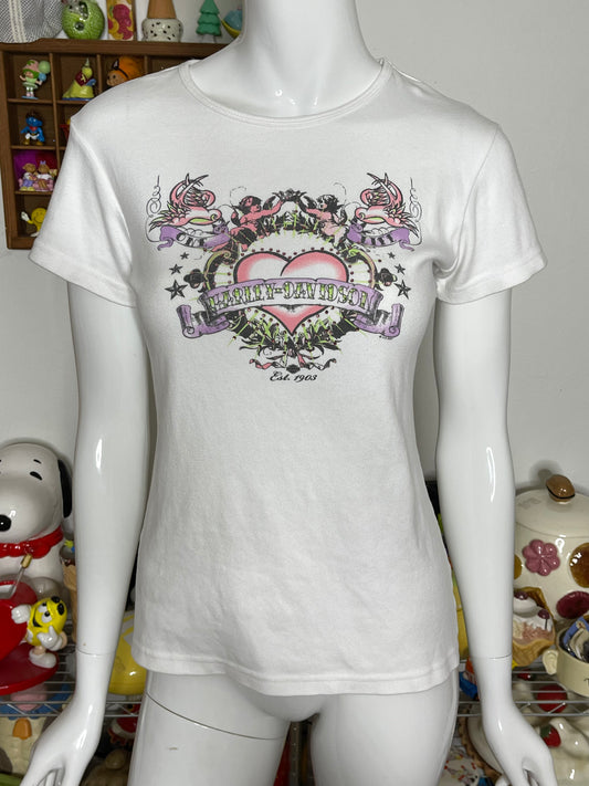2000s Harley Davidson Cherub Heart Fitted Tee Sz M