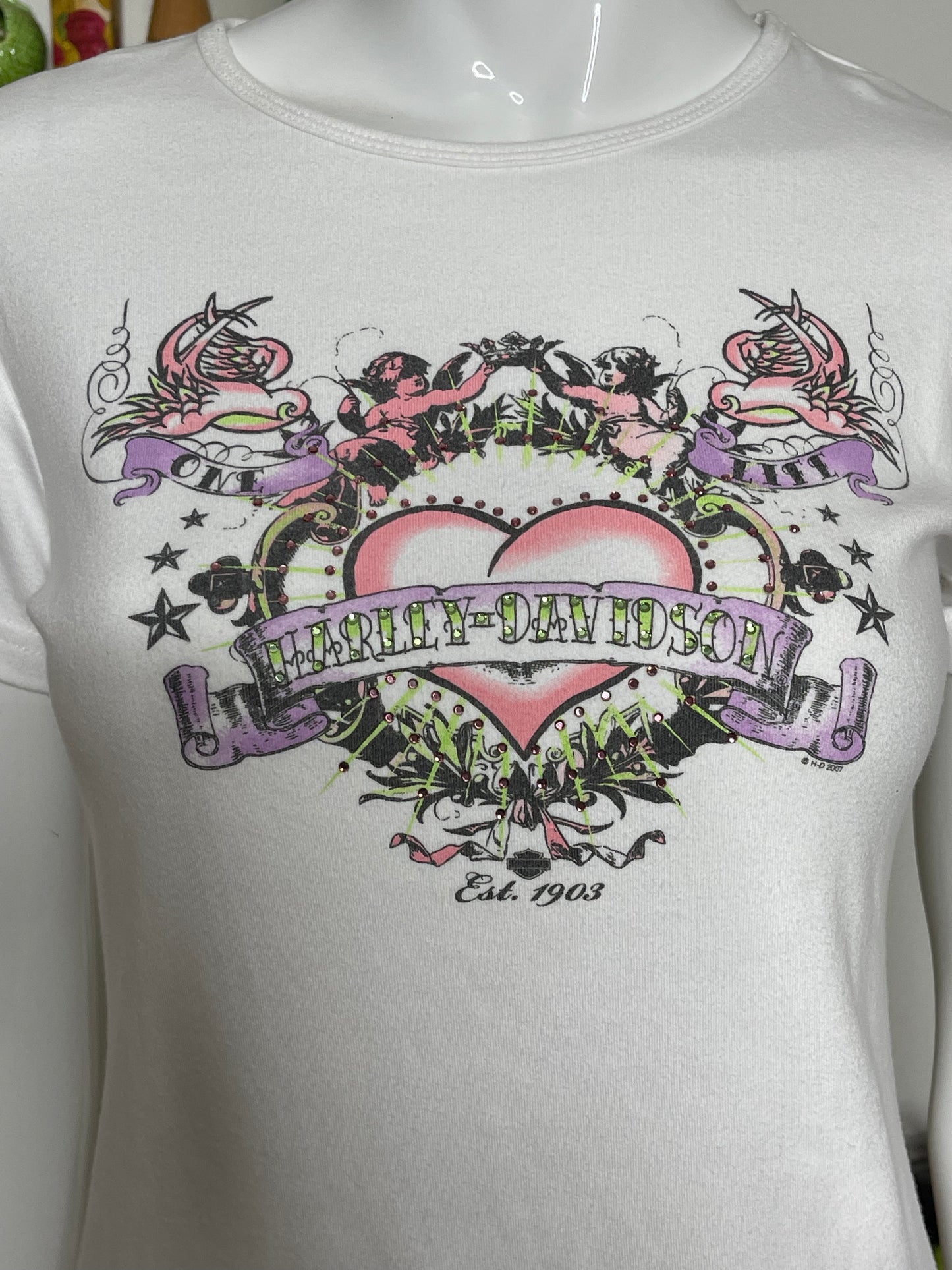 2000s Harley Davidson Cherub Heart Fitted Tee Sz M
