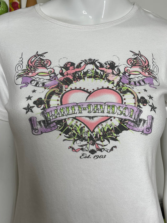 2000s Harley Davidson Cherub Heart Fitted Tee Sz M
