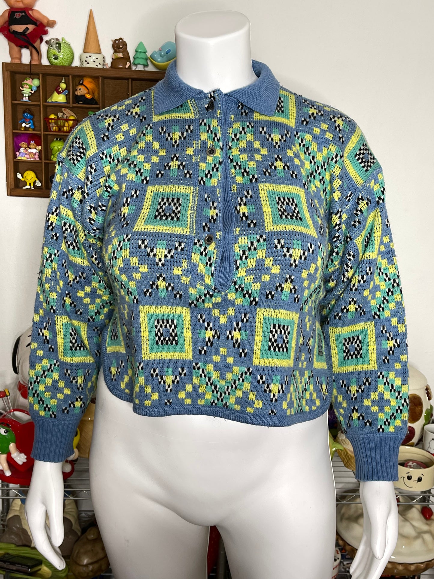 Vintage 90s Colorful Checkered Knit Semi Cropped Sweater Sz L