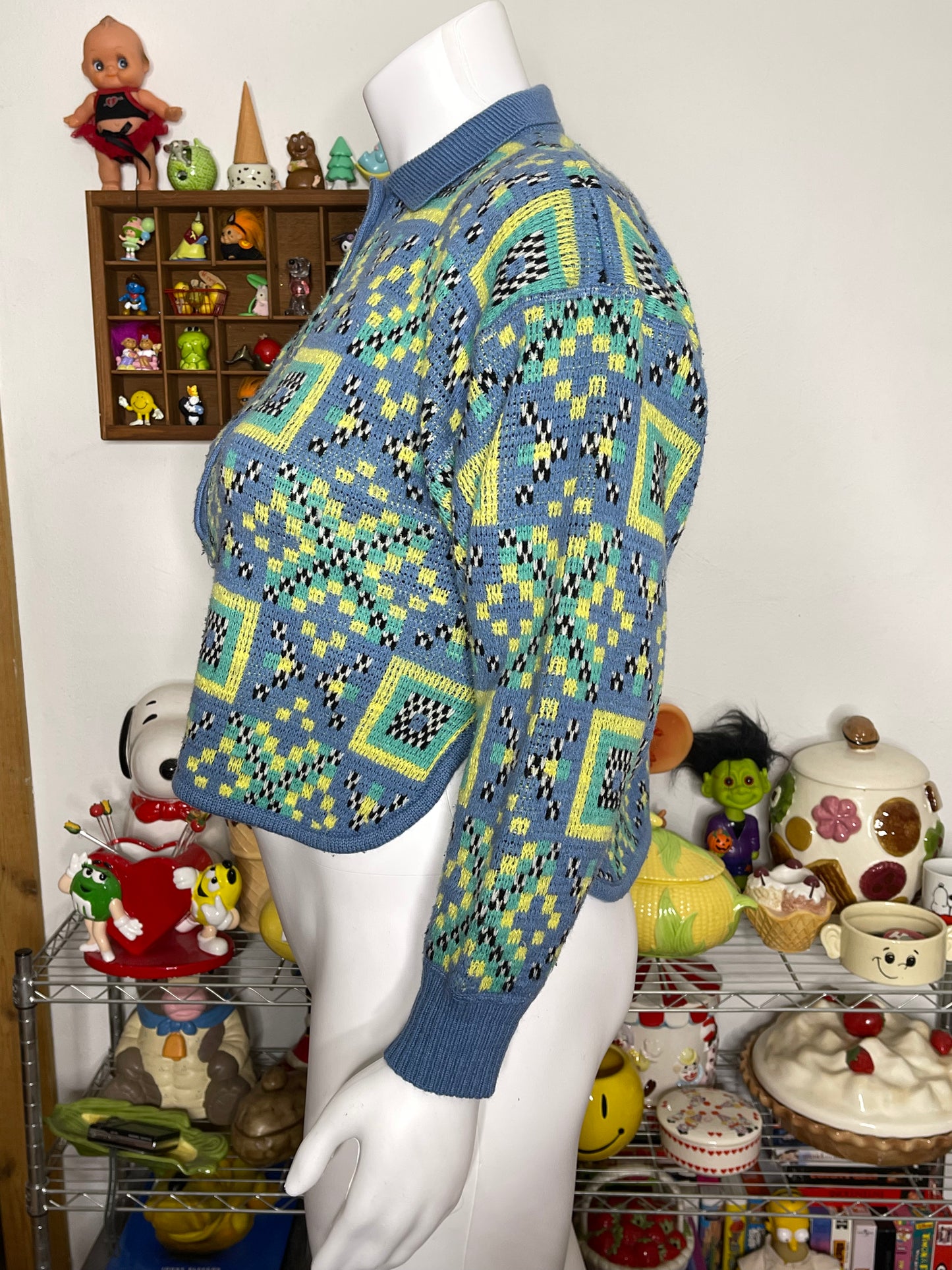 Vintage 90s Colorful Checkered Knit Semi Cropped Sweater Sz L