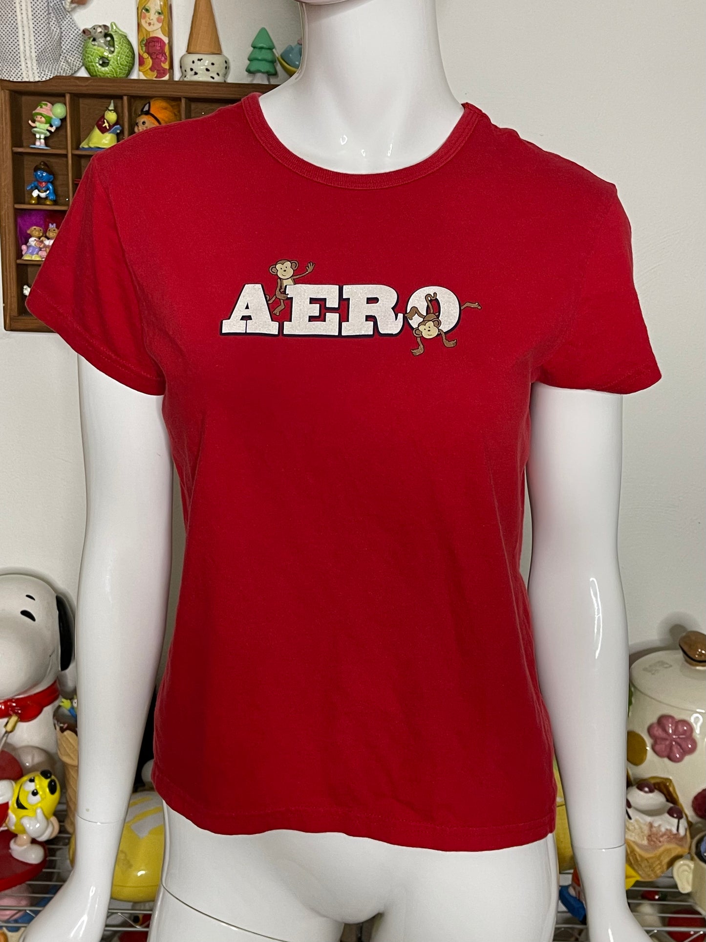 2000s Red Aero Sparkly Monkey Tee Sz M
