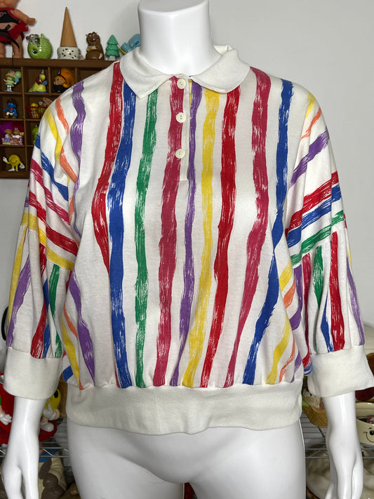 Vintage 90s Rainbow Painted Striped Collared Top Sz 2X/3X