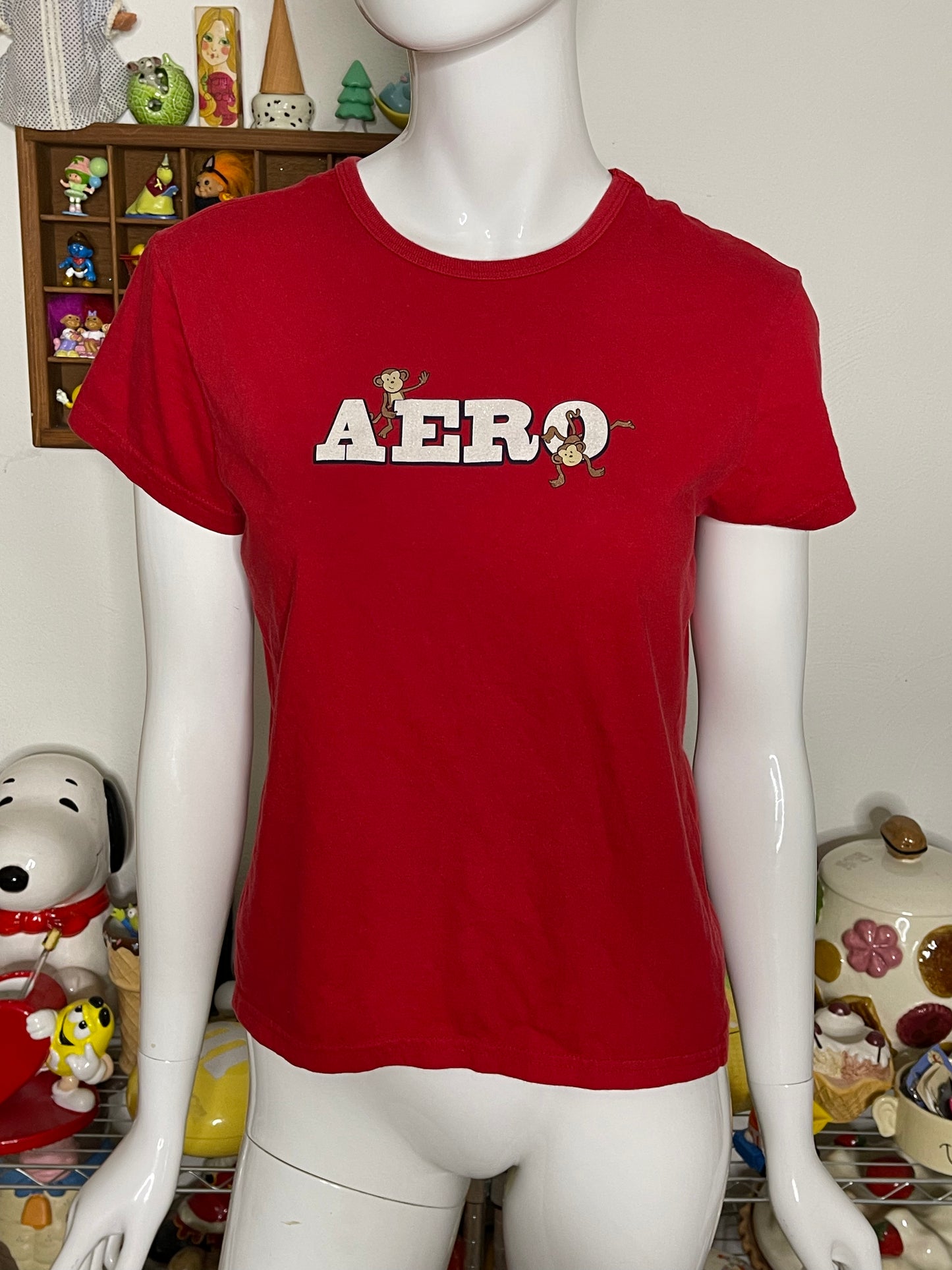 2000s Red Aero Sparkly Monkey Tee Sz M