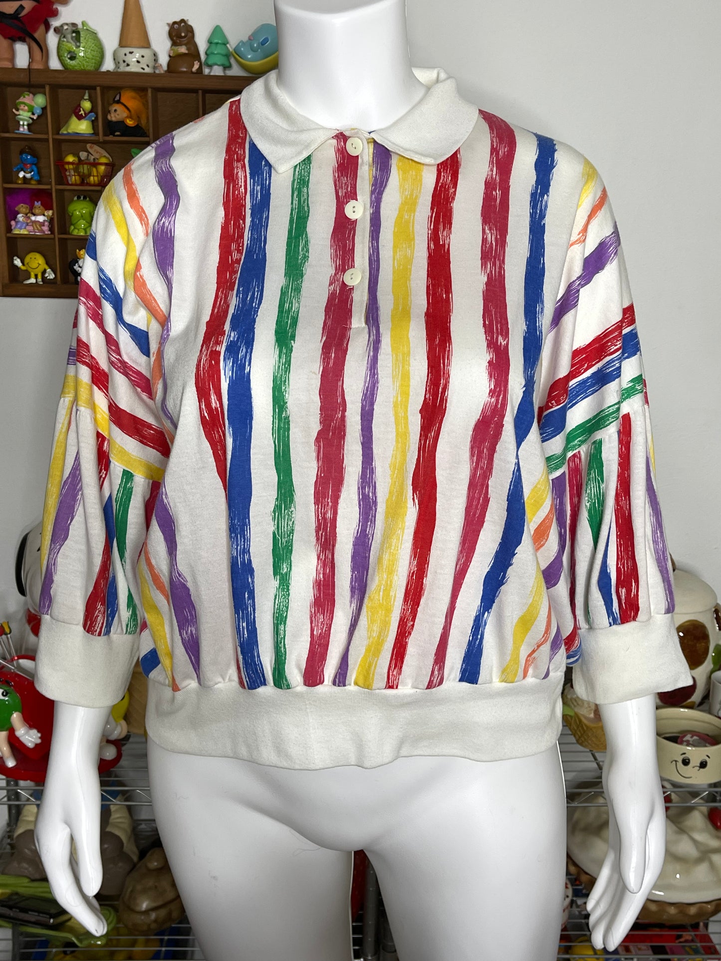 Vintage 90s Rainbow Painted Striped Collared Top Sz 2X/3X