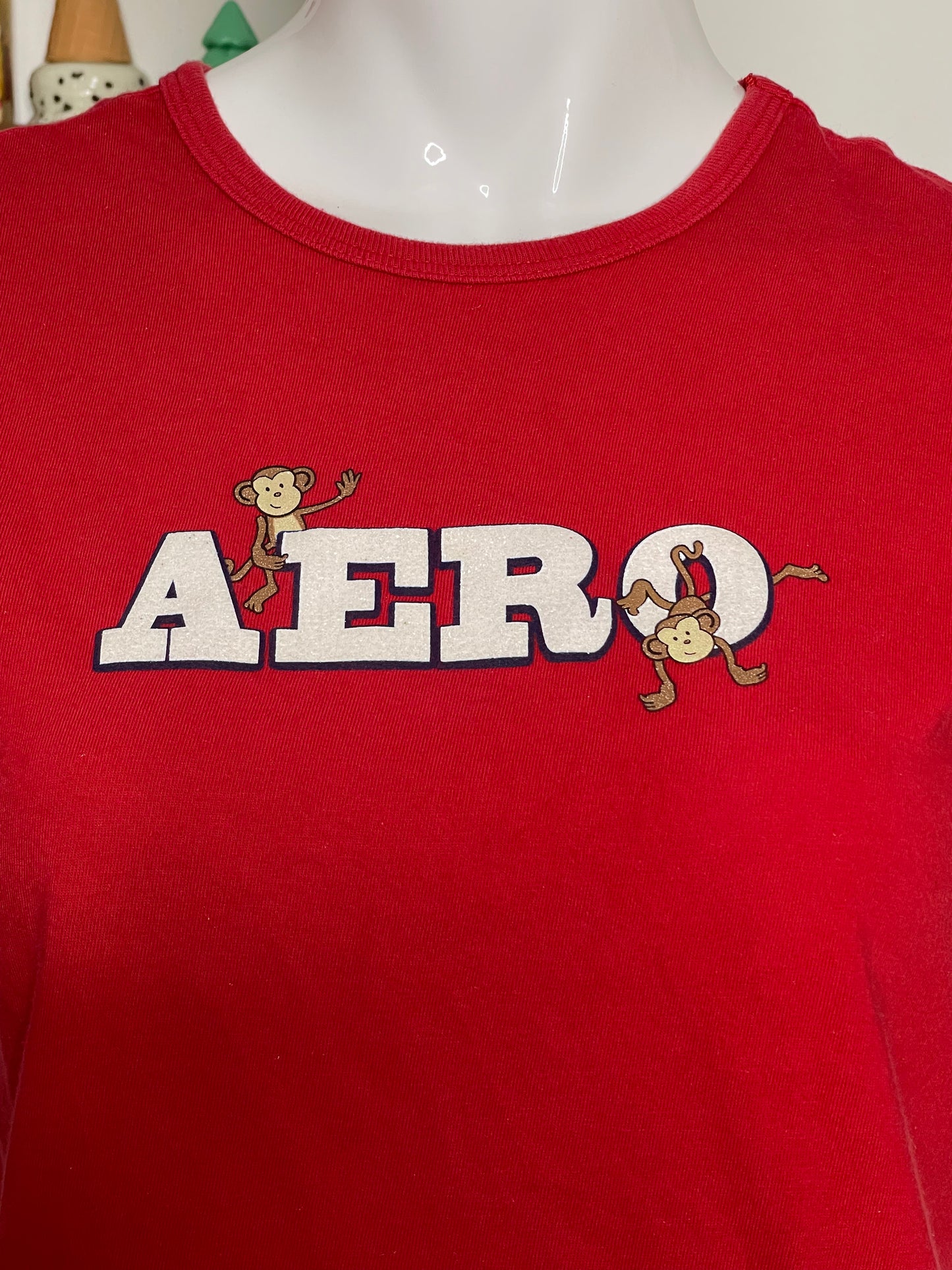 2000s Red Aero Sparkly Monkey Tee Sz M