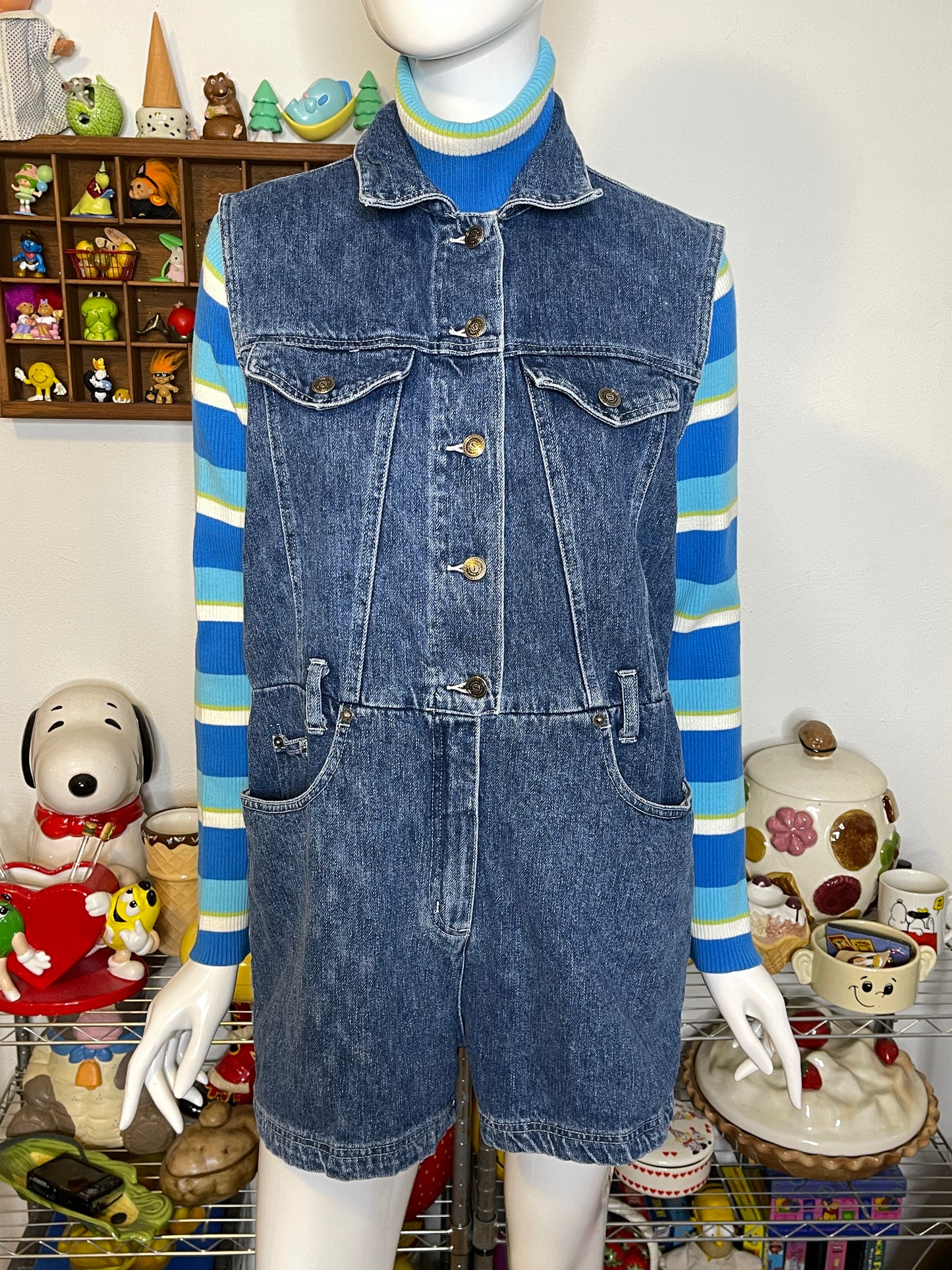Vintage 90s Retro Denim Collared Vest Style Romper Sz M