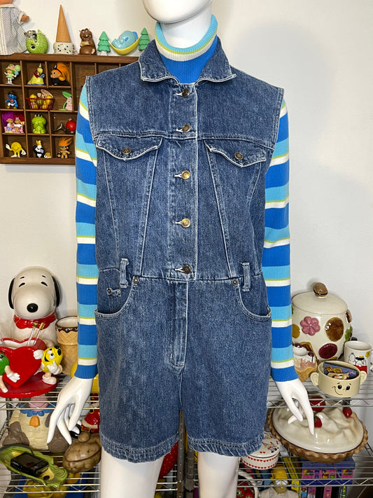 Vintage 90s Retro Denim Collared Vest Style Romper Sz M