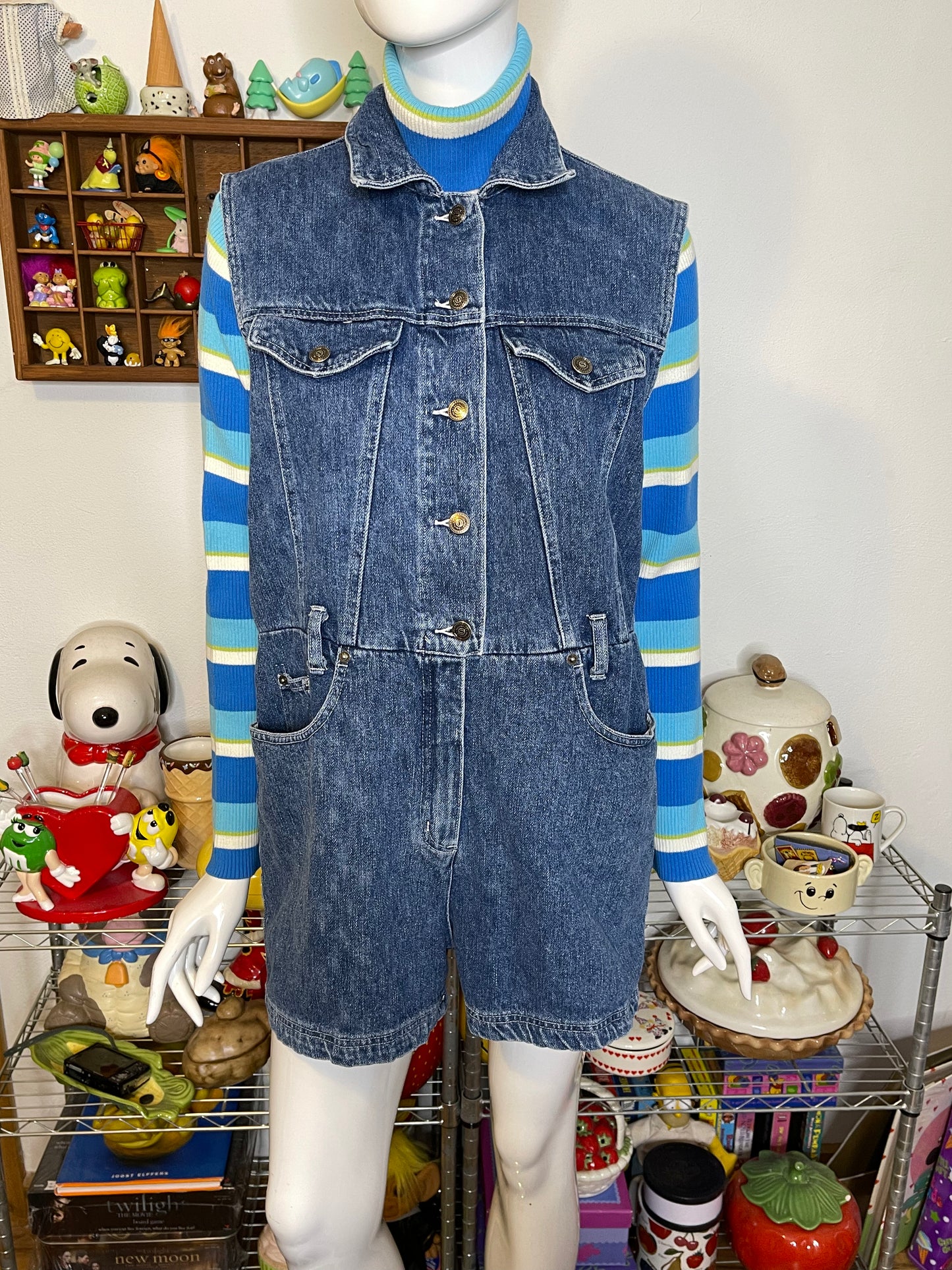 Vintage 90s Retro Denim Collared Vest Style Romper Sz M