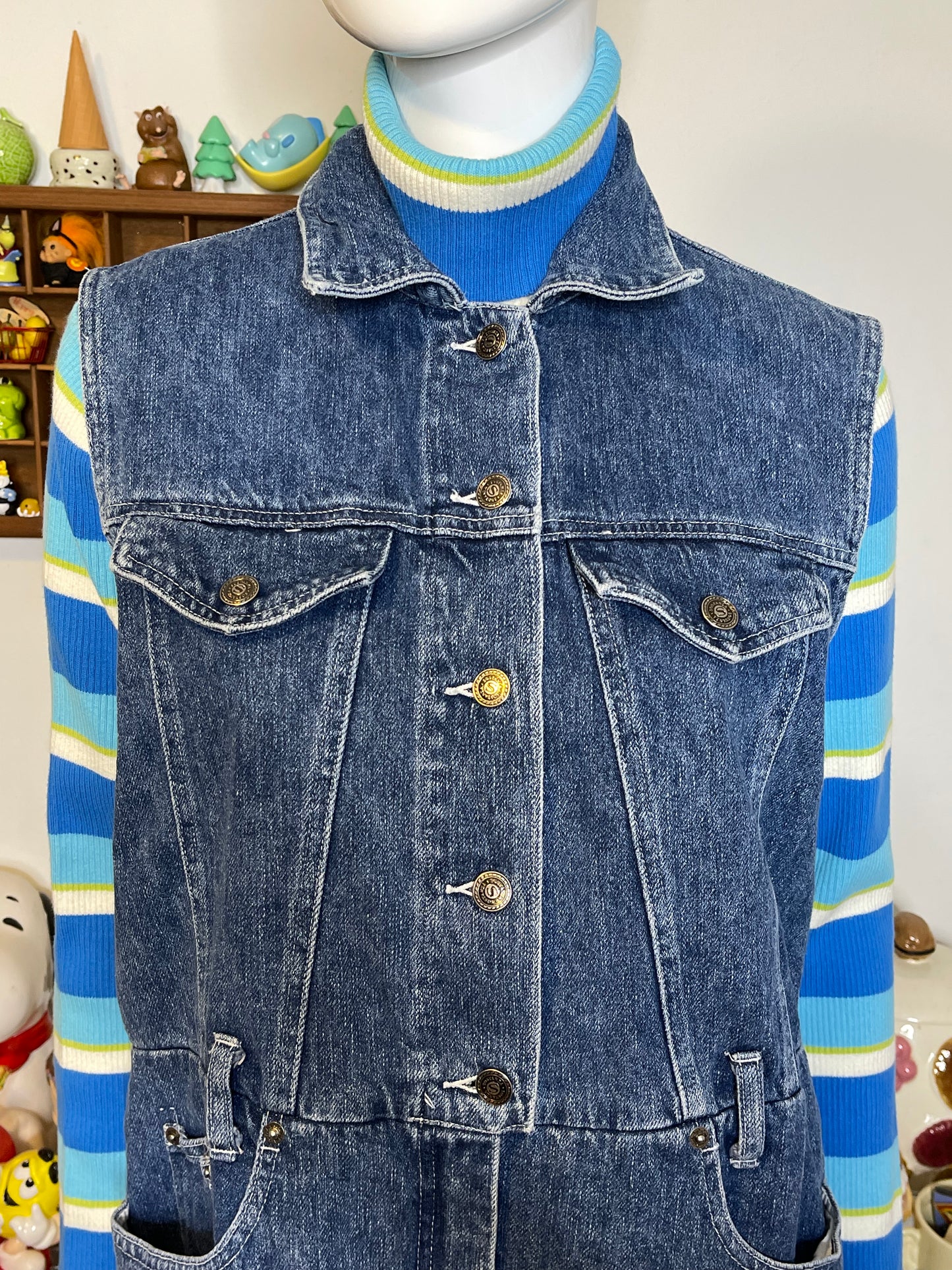 Vintage 90s Retro Denim Collared Vest Style Romper Sz M