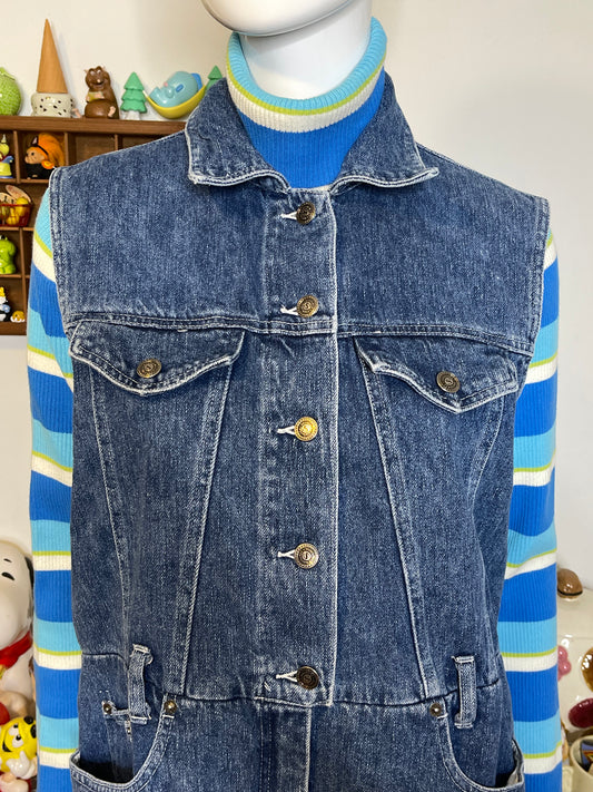 Vintage 90s Retro Denim Collared Vest Style Romper Sz M