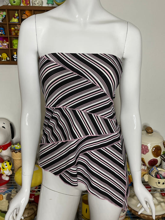 2000s Pink & Black Striped Asymmetrical Tube Top Sz M