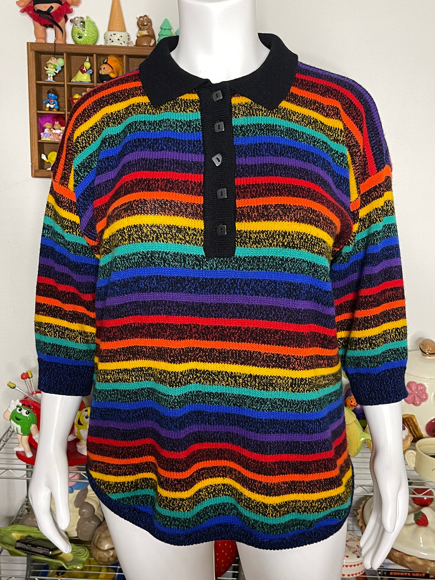 Vintage 90s Rainbow Striped Oversized Knit Sweater Sz "One Size"