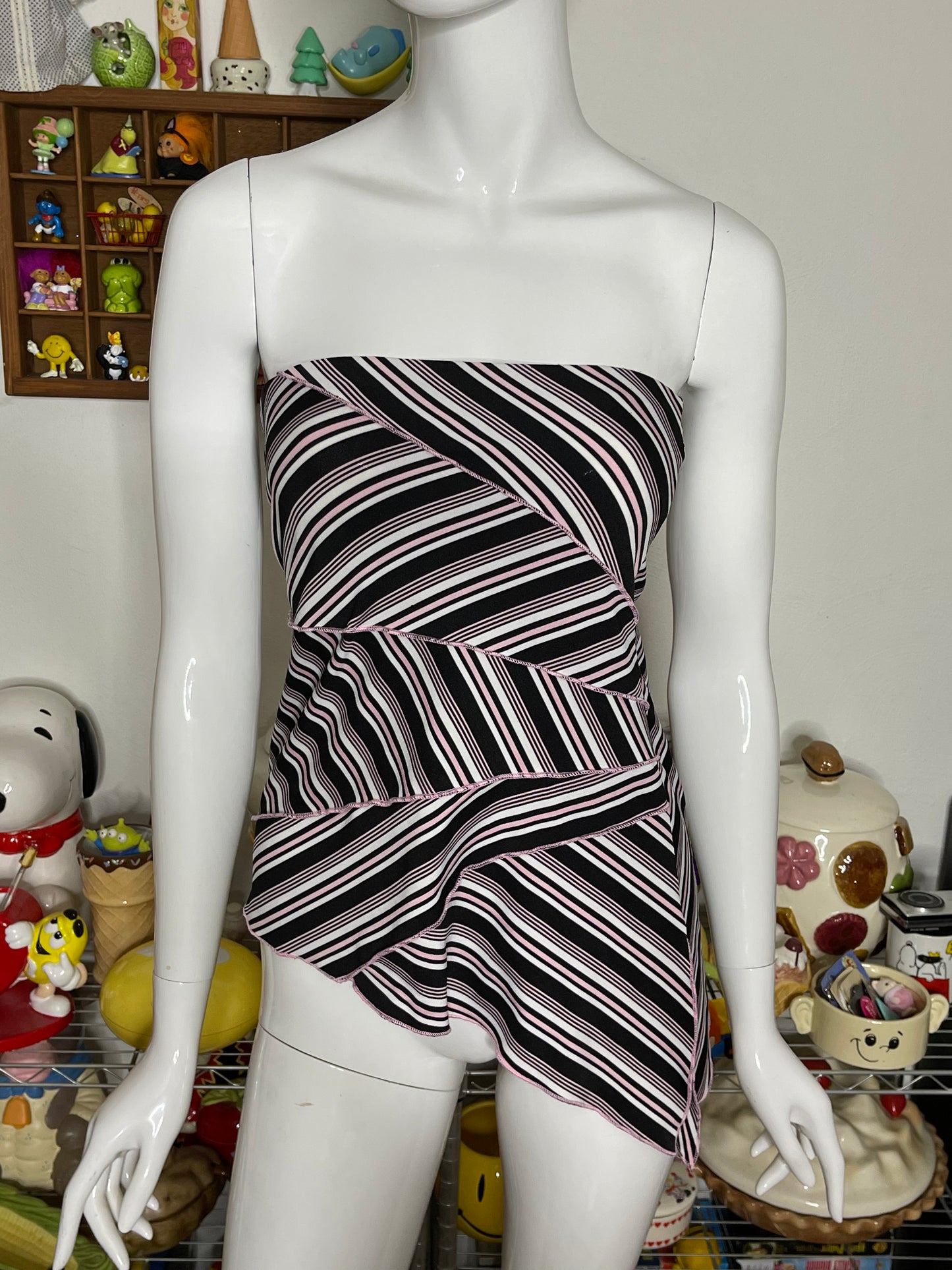 2000s Pink & Black Striped Asymmetrical Tube Top Sz M